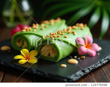 Elegant Dadar Gulung with Edible Flowers on Black Slate 128776096