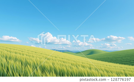 Lush green hills bright blue sky with fluffy clouds create serene landscape. vibrant grass sways gently breeze, evoking sense 128776197