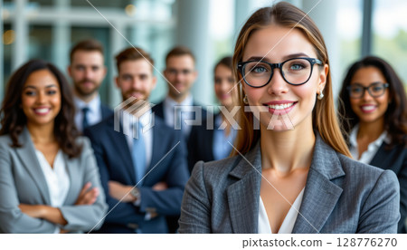 Confident woman in glasses leading diverse business team, showcasing professionalism and teamwork in modern office environment 128776270