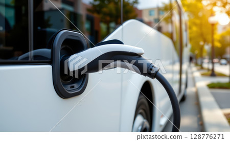 Electric vehicle charger connected to white vehicle, showcasing modern technology and eco friendly transportation 128776271