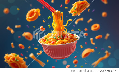Futuristic instant noodles with vibrant colors and playful elements create whimsical culinary scene 128776317