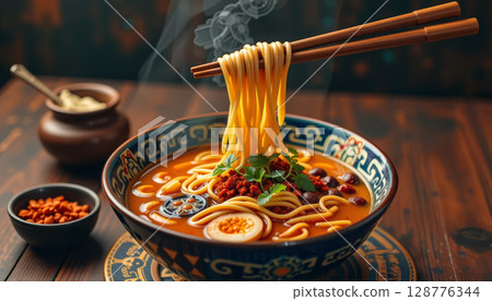 Delicious ramen bowl with steaming noodles, garnished with herbs and spices, creating warm and inviting atmosphere 128776344