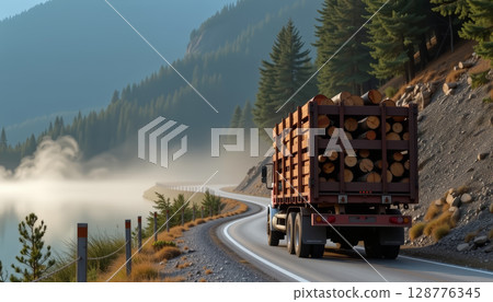 Transport truck loaded with timber driving along scenic road by lake, surrounded by mountains and trees, creating serene 128776345