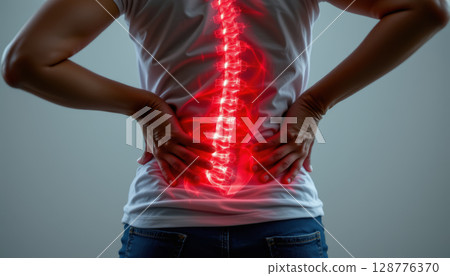 Person experiencing back pain with glowing spine illustration, highlighting discomfort and health concerns 128776370