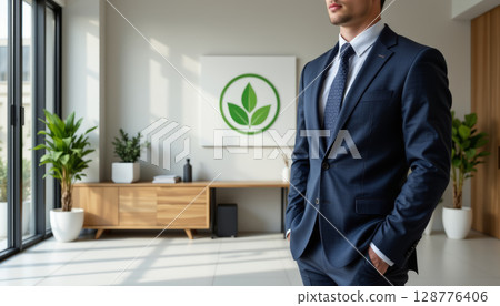 Professional man in business suit stands confidently in minimalist office with green plants and logo 128776406