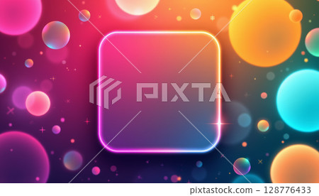 Vibrant and colorful background featuring minimalistic square banner with rounded edges, surrounded by glowing circles various Vibrant and colorful background featuring minimalistic square banner with rounded edges, surrounded by glowing circles various 128776433