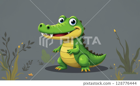 Stylized crocodile character with bright colors and friendly expression, surrounded by minimal foliage 128776444