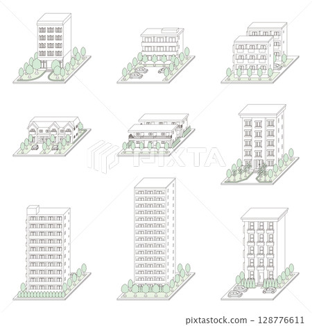 3D illustration of a building. Line drawing. 3D illustration of a building. Line drawing. 128776611