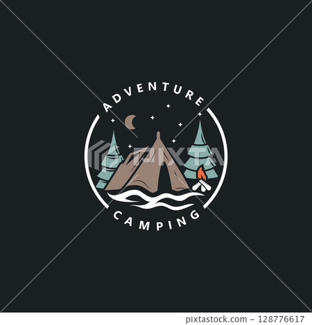 Camping tent logo Outdoor adventure vintage design emblem vector illustration 128776617