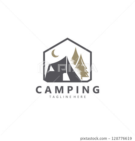 Camping and outdoor adventure logo for the Hiking. emblem illustration 128776619