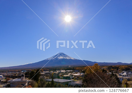 A serene view of Mt. Fuji on a clear autumn day from the observation deck A serene view of Mt. Fuji on a clear autumn day from the observation deck 128776667