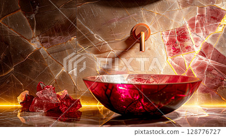 Luxurious Red Glass Sink with Glossy Marble Background Luxurious Red Glass Sink with Glossy Marble Background 128776727
