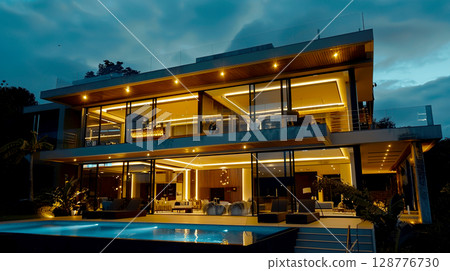 Stunning luxury modern house exterior with illuminating lights and a pool at dusk creating a serene atmosphere. 128776730