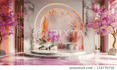 Modern Elegant Interior with Cherry Blossom Accents marble surfaces and warm lighting Modern Elegant Interior with Cherry Blossom Accents marble surfaces and warm lighting 128776736