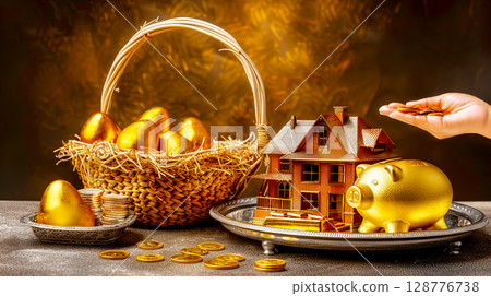 Golden Wealth Concept with Eggs, House, Piggy Bank, and Coins 128776738