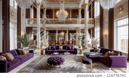 Elegant Luxury Living Room with Purple Accents Elegant Luxury Living Room with Purple Accents 128776741