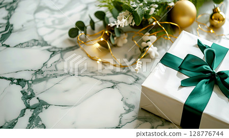 Elegant Gift Box with Green Ribbon on Marble Countertop Elegant Gift Box with Green Ribbon on Marble Countertop 128776744