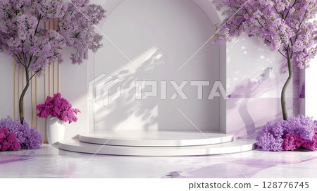 Serene Floral Background with Pink Blossoms and Stage Serene Floral Background with Pink Blossoms and Stage 128776745