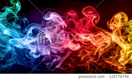 Colorful smoke waves blend together, creating an abstract background with a vibrant mix of blue, pink, and yellow tones. Colorful smoke waves blend together, creating an abstract background with a vibrant mix of blue, pink, and yellow tones. 128776746