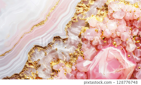 Close-up of a beautiful pink and gold geode crystal with stunning patterns, showcasing natural mineral beauty in a high-resolution image. Close-up of a beautiful pink and gold geode crystal with stunning patterns, showcasing natural mineral beauty in a high-resolution image. 128776748