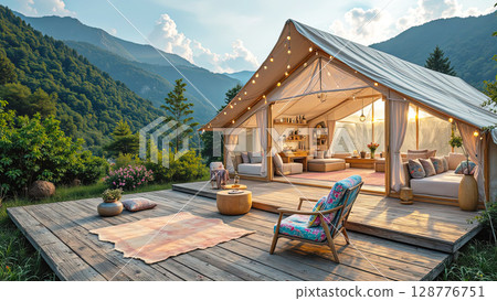 Cozy Outdoor Glamping Tent with Stunning Mountain View at Sunset Cozy Outdoor Glamping Tent with Stunning Mountain View at Sunset 128776751