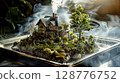 Enchanting miniature house surrounded by misty landscape and greenery 128776752