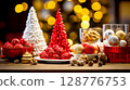Festive Holiday Decorations with Red and Gold Ornaments and Trees 128776753