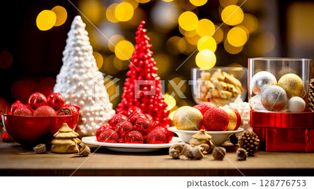 Festive Holiday Decorations with Red and Gold Ornaments and Trees Festive Holiday Decorations with Red and Gold Ornaments and Trees 128776753