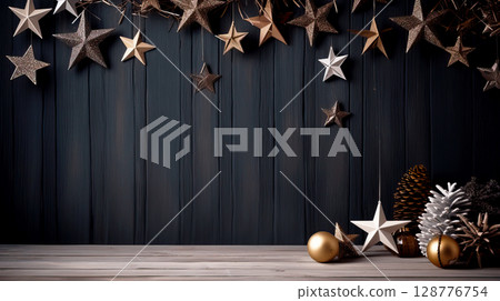 Elegant Holiday Decor with Stars and Ornaments on Wooden Surface Elegant Holiday Decor with Stars and Ornaments on Wooden Surface 128776754