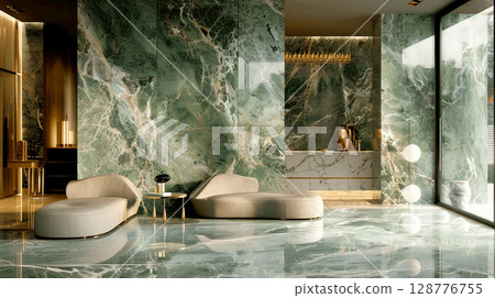 Modern Interior with Green Marble and Chic Furniture Modern Interior with Green Marble and Chic Furniture 128776755