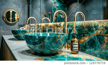 Elegant Bathroom with Unique Green Bowls and Fixtures Elegant Bathroom with Unique Green Bowls and Fixtures 128776759