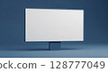 A blank, rectangular sign stands against a solid, blue background, ready for text. 128777049