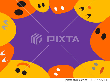 Halloween color scheme frame, purple background, colorful ghost silhouettes, ghost faces 128777211