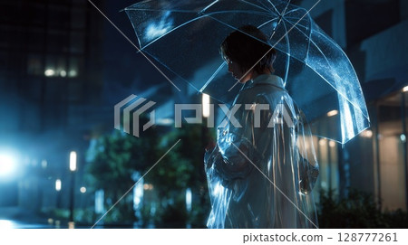 一位身穿雨衣、撐著透明塑膠傘的女子站在街角 128777261
