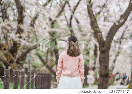 Woman tourist sightseeing Kajo Park Yamagata Castle Ruins with Sakura Cherry Blossom in Spring, happy traveler travel in Yamagata prefecture, Tohoku, Japan. famous Landmark for Travel and Vacation 128777347