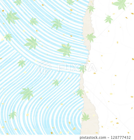 藍色楓葉流動在水中 — 日本紙風格背景圖 128777432