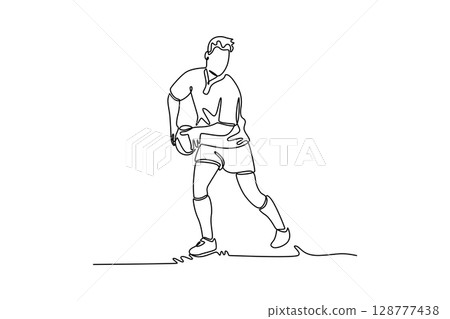 Single one line drawing professional male rugby player during game, catching ball at stadium. Match, sport, competition, action and motion, cup. Continuous line draw design graphic vector illustration Single one line drawing professional male rugby player during game, catching ball at stadium. Match, sport, competition, action and motion, cup. Continuous line draw design graphic vector illustration 128777438