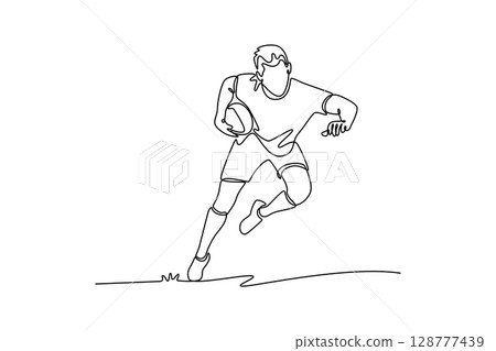 Single one line drawing active male rugby player on field for match, game in tournament. Teamwork and players tackle for winning ball to score. Continuous line draw design graphic vector illustration Single one line drawing active male rugby player on field for match, game in tournament. Teamwork and players tackle for winning ball to score. Continuous line draw design graphic vector illustration 128777439