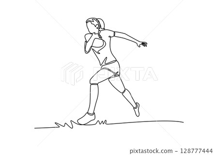 Continuous one line drawing female rugby player chase the ball running to score goal on field at game. Sports, fitness, motion, action with energy. Single line draw design vector graphic illustration 128777444