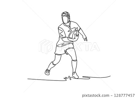 Single one line drawing fit male rugby athlete running in training session. Professional sportsman career. Health, action, motion, competition. Continuous line draw design graphic vector illustration 128777457