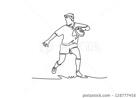 Single continuous line drawing attractive man athlete pass rugby ball at training for skill performance in match. Male player in action for the game. One line draw graphic design vector illustration Single continuous line drawing attractive man athlete pass rugby ball at training for skill performance in match. Male player in action for the game. One line draw graphic design vector illustration 128777458
