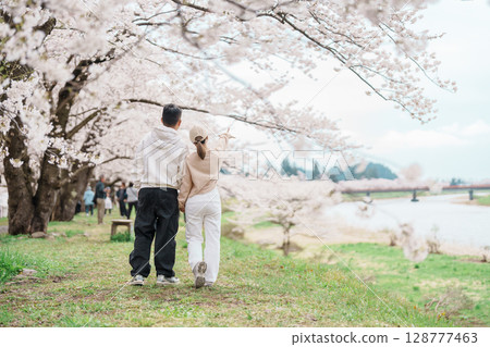 Couple tourist sightseeing Sakura Cherry Blossom in Spring. Happy traveler travel near Hinokinai River riverbank in Kakunodate town, Semboku District, Akita Prefecture, Japan. Landmark and Vacation Couple tourist sightseeing Sakura Cherry Blossom in Spring. Happy traveler travel near Hinokinai River riverbank in Kakunodate town, Semboku District, Akita Prefecture, Japan. Landmark and Vacation 128777463
