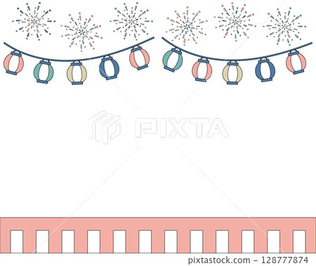 Summer festival frame background: fireworks, lanterns, red and white curtain, dull pink 128777874