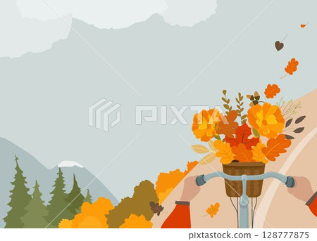 Bicycle with Basket of Autumn Flowers. 128777875
