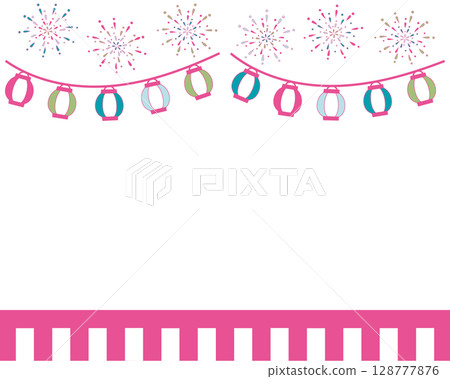 Summer festival frame background: fireworks, lanterns, red and white curtain, vivid pink 128777876
