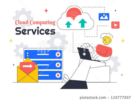 Cloud Computing Illustration Featuring Digital Technology Speed Connection with Database, Statistics, Analytics, Server, Monitoring, and Network 128777897
