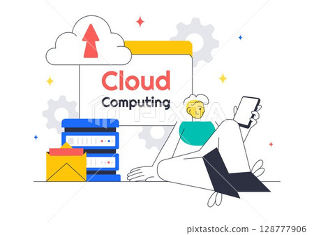 Cloud Computing Illustration Featuring Digital Technology Speed Connection with Database, Statistics, Analytics, Server, Monitoring, and Network 128777906