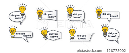 Did you know logo set with a yellow light bulb. Word with speech bubble. Creative info labels for education, quiz posts, or useful fact sharing. Flat infographic templates for modern social media Did you know logo set with a yellow light bulb. Word with speech bubble. Creative info labels for education, quiz posts, or useful fact sharing. Flat infographic templates for modern social media 128778002
