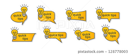 Quick tips logo set in yellow with a light bulb. Templates for helpful advice, tricks, solution, suggestion. Flat modern minimal trend. Vector illustration isolated on a white background Quick tips logo set in yellow with a light bulb. Templates for helpful advice, tricks, solution, suggestion. Flat modern minimal trend. Vector illustration isolated on a white background 128778003