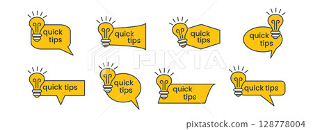 Collection of yellow tip logos with light bulb icons for helpful advice, expert tricks, quick guides or blog suggestions. Flat vector templates for note, idea or info sharing. 128778004